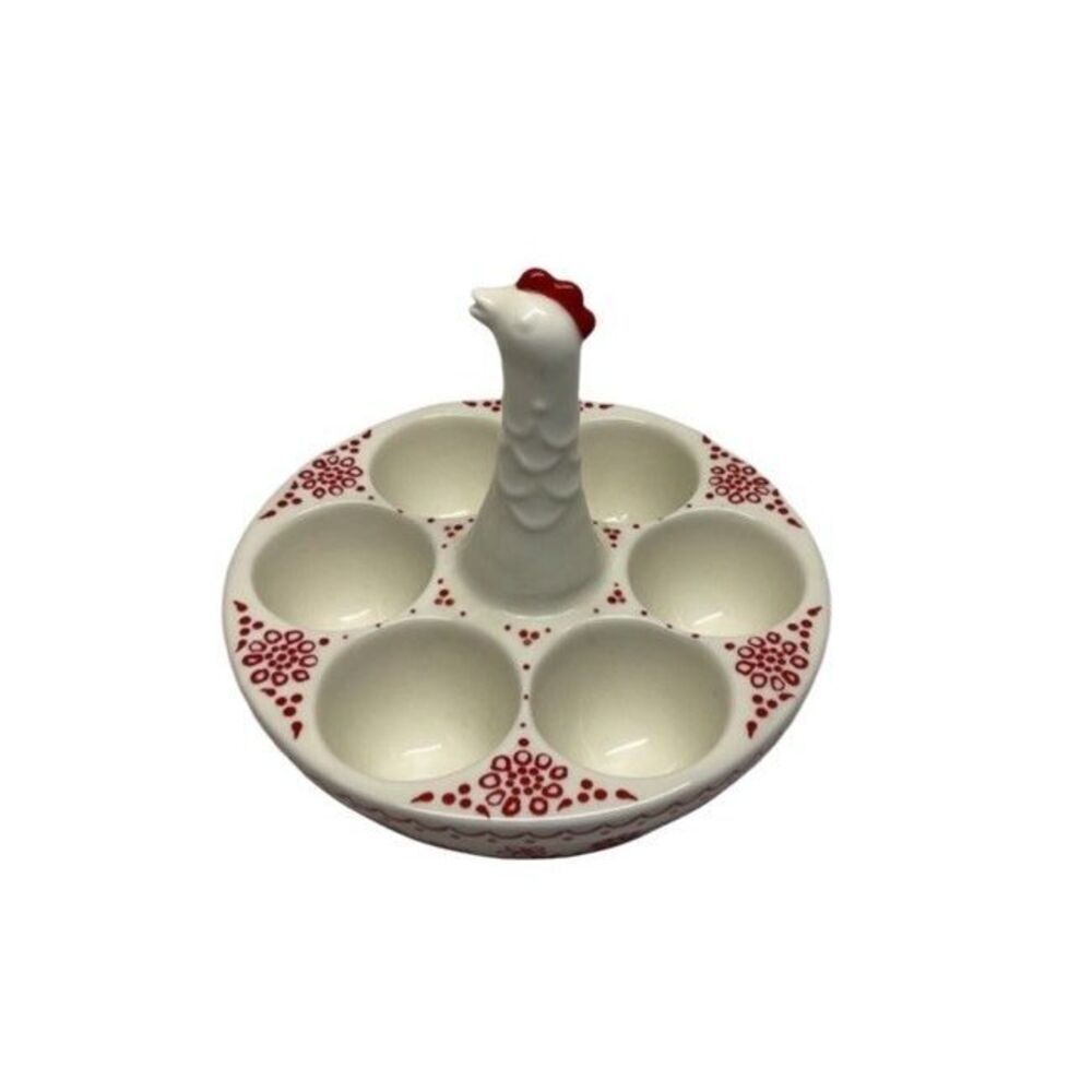 Anthropologie Biscuit Red & White Ceramic Egg Holder Chicken Rooster Handle